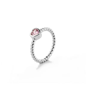 Sterling Silver Rope Ring with Pink CZ Heart for Girls
