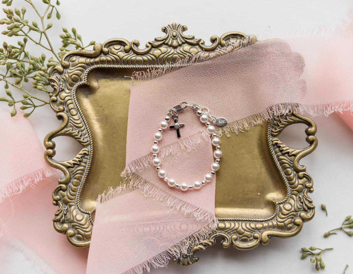 Lacey-Sterling Silver Pearl Cross Baby Christening Bracelet main image 0
