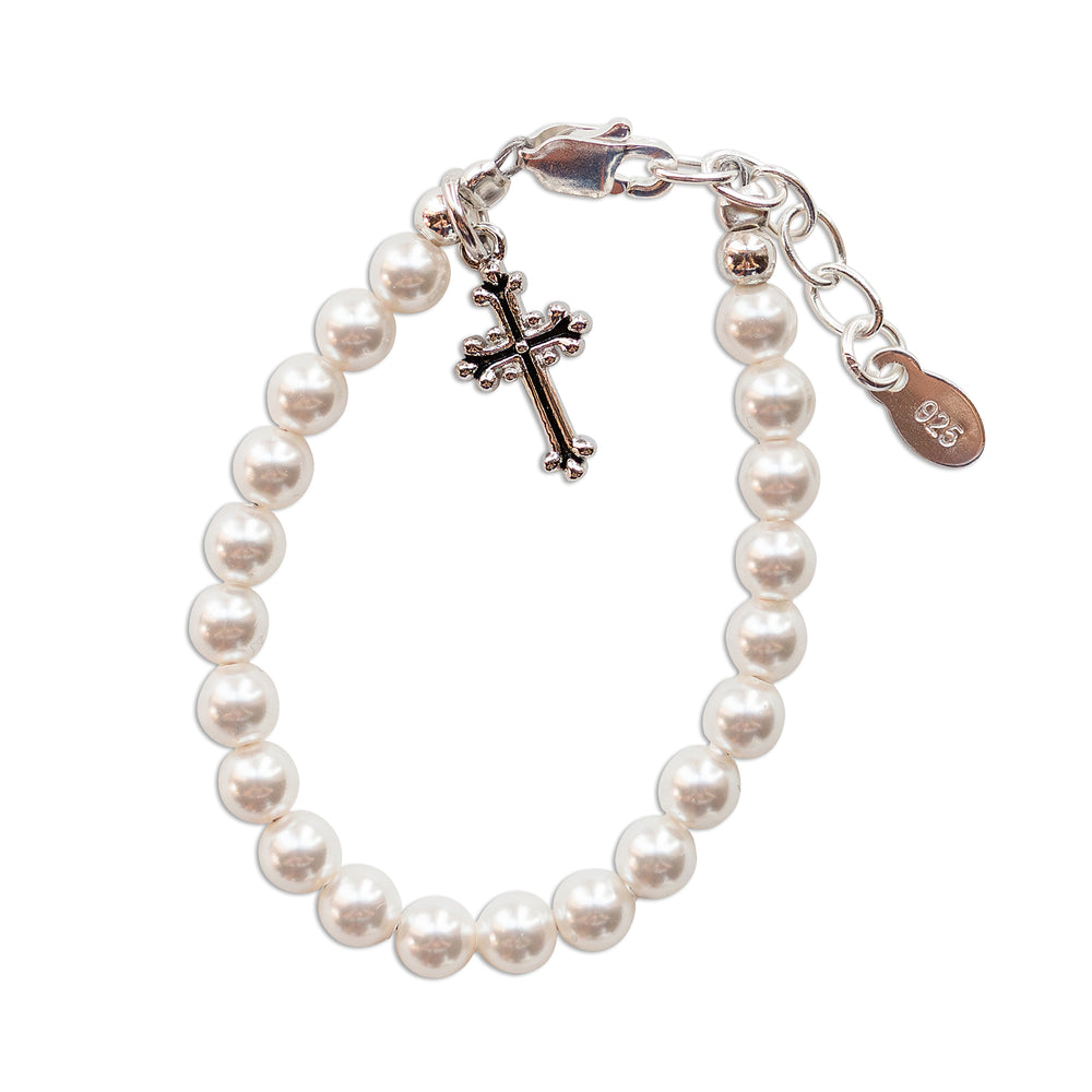 Sterling Silver Pearl Cross Baptism Bracelet for Infants and Little Girls for Communion