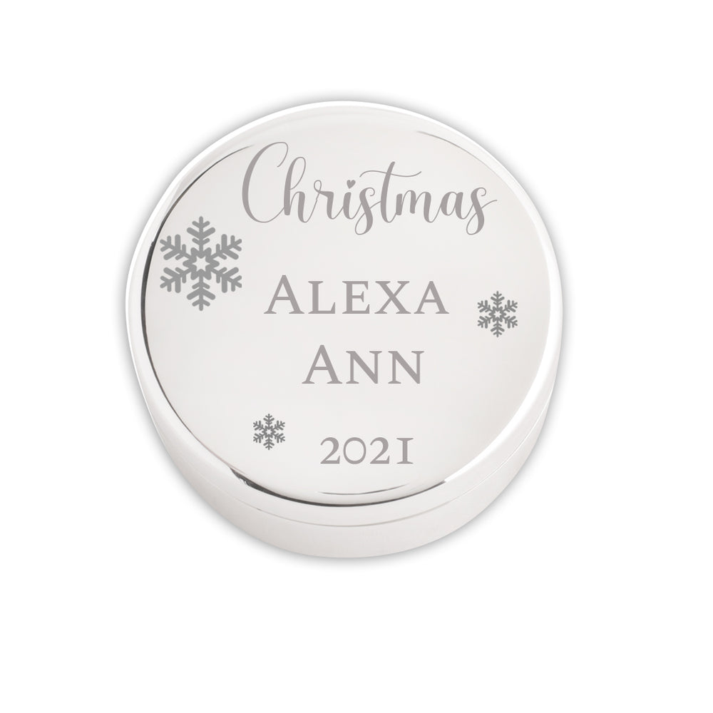 Personalized Round Silver Jewelry Box, Christmas Gift with FREE Engraving, Baby's First Christmas, 1st Christmas Keepsake