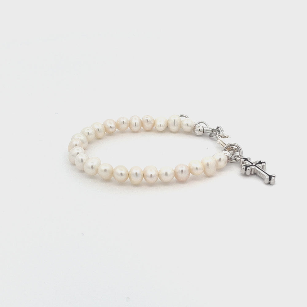 
                
                    Load and play video in Gallery viewer, Sterling Silver Pearl Cross Baptism Bracelet for Infants and Little Girls for Communion
                
            
