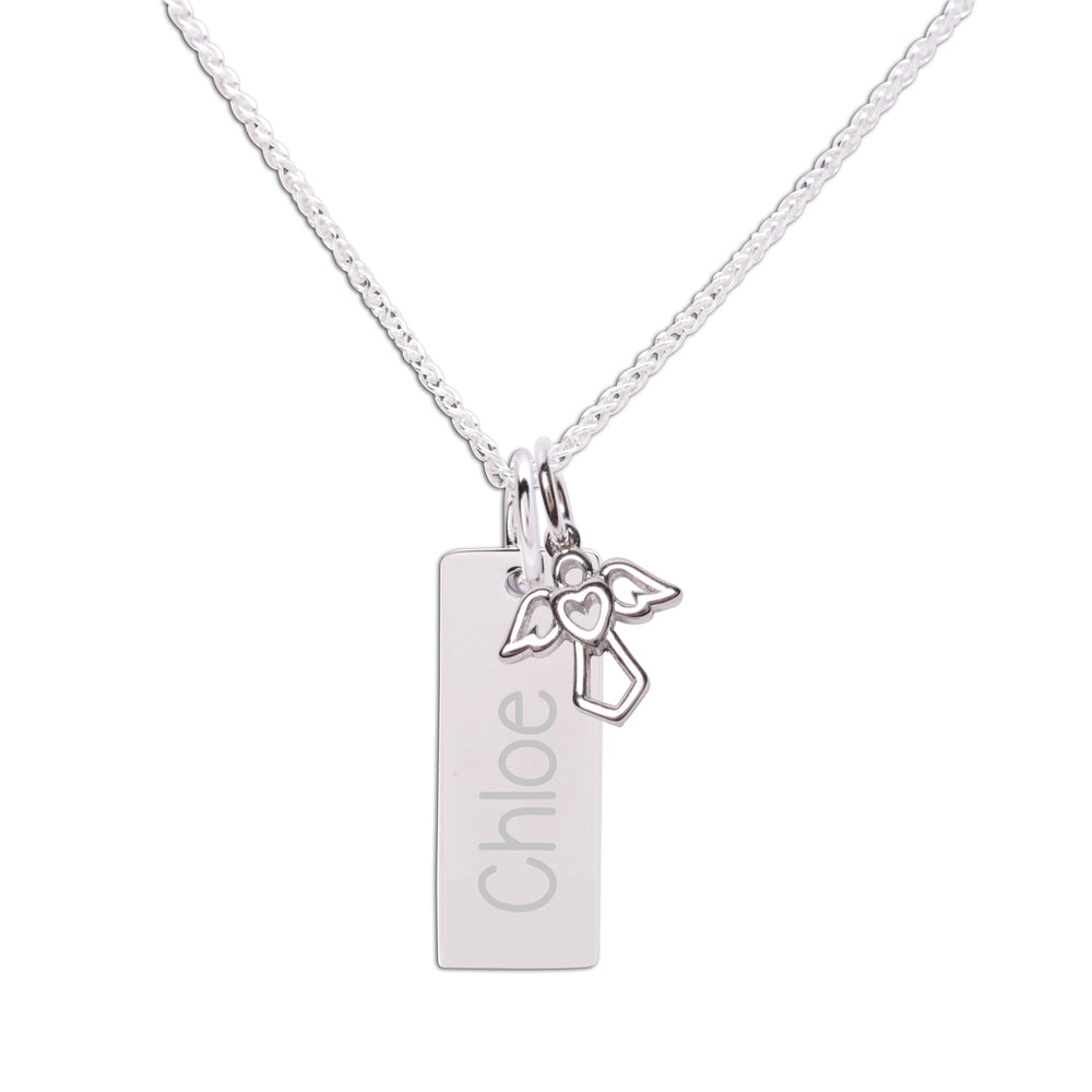 Sterling Silver Bar Necklace with Angel Charm for Kids