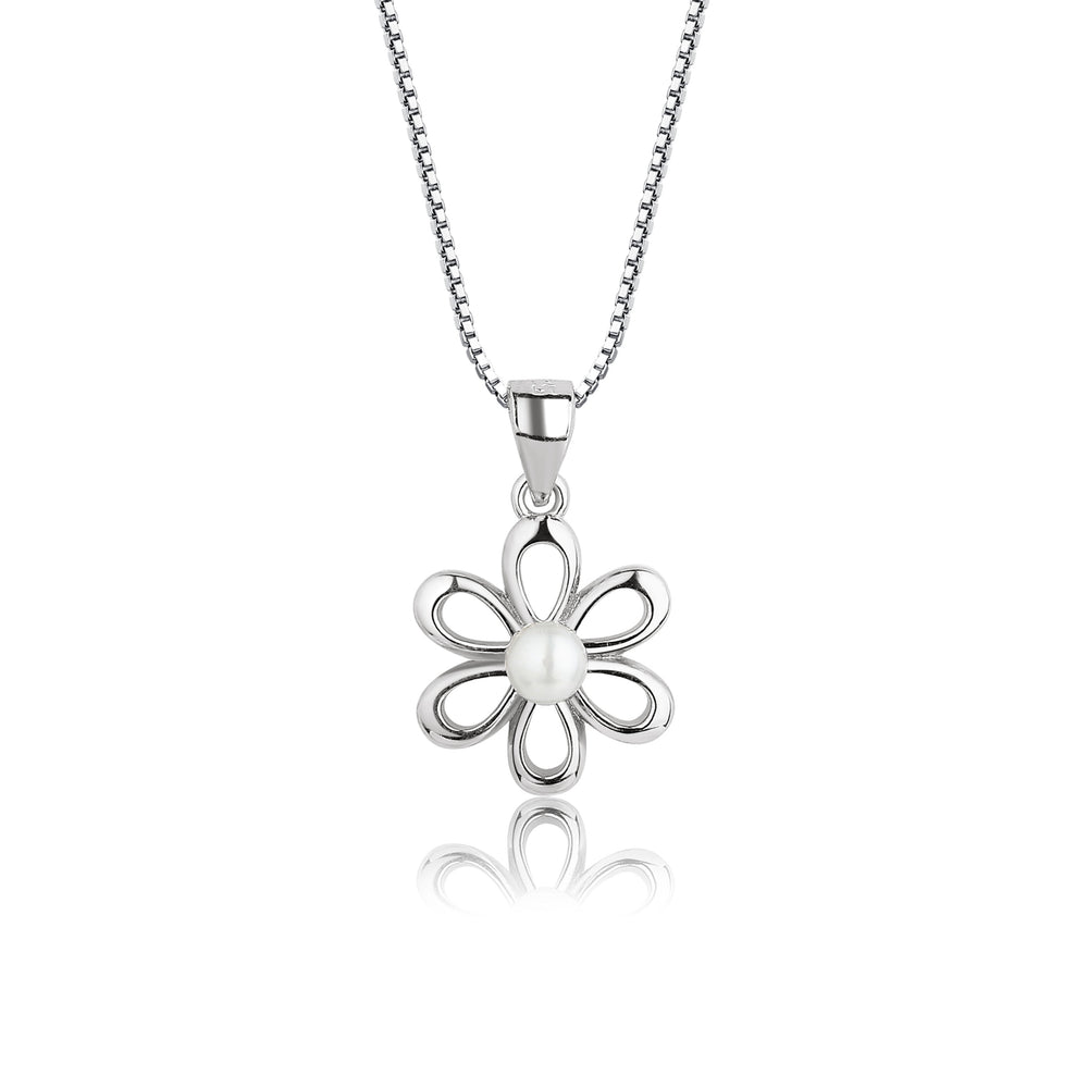 Sterling Silver Daisy Necklace with White Pearl for Girls