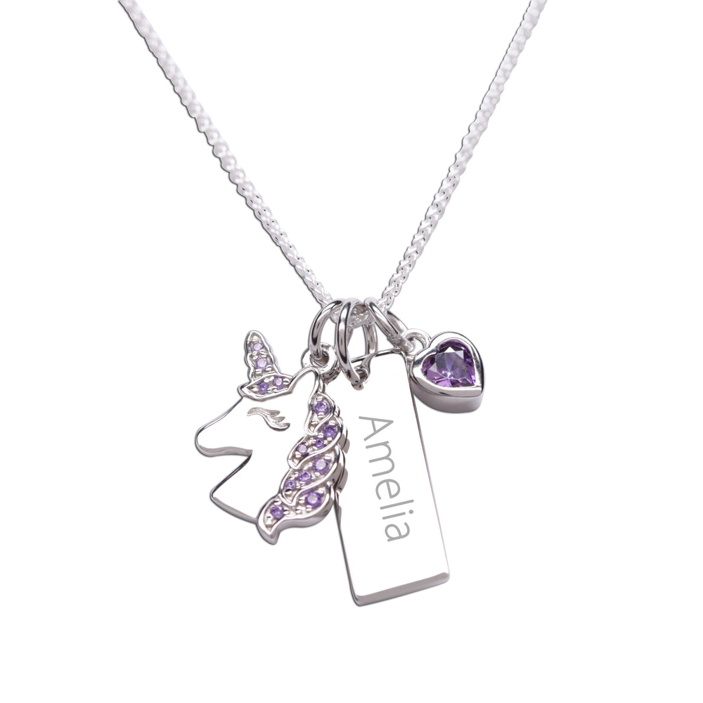 Sterling Silver Kids Unicorn Engraved Bar Necklace with Heart