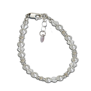 Sterling Silver LDS Baptism Bracelet with Pearl and Crystals (6-12 years)