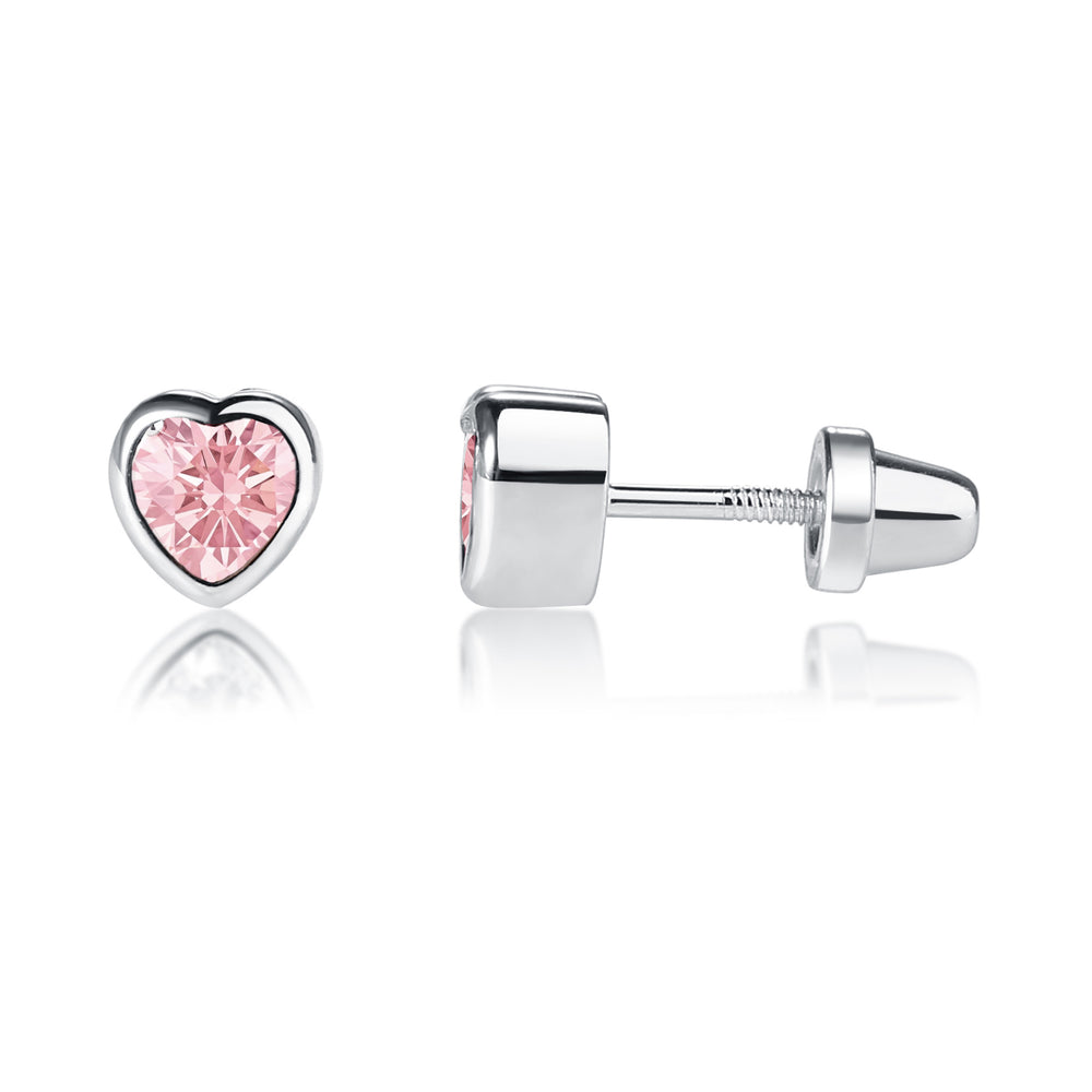Sterling Silver Pink CZ Heart Earring for Baby and Kids