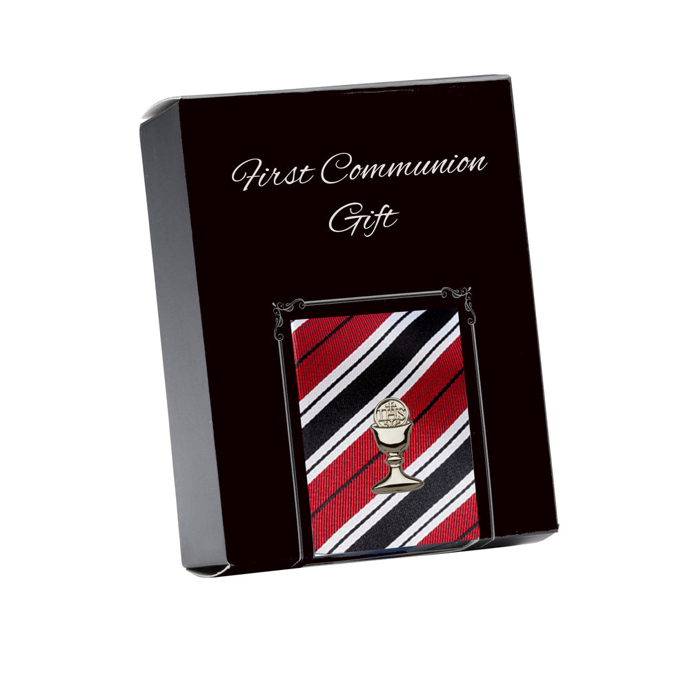 First Communion Red Stripe Tie with Silver Chalice Tie Pin Gift Set