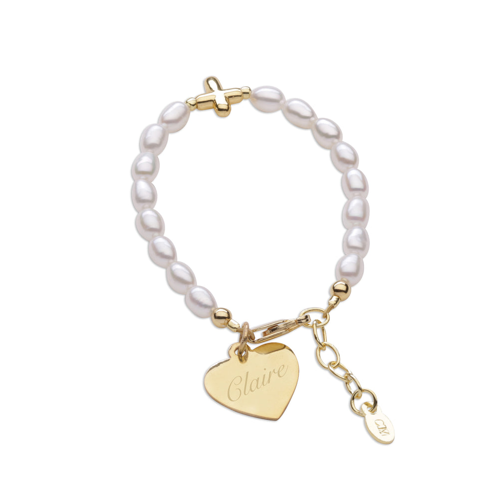 14K Gold Plated Cultured Pearl Cross Bracelet for Baptism & Communion with FREE Engraving
