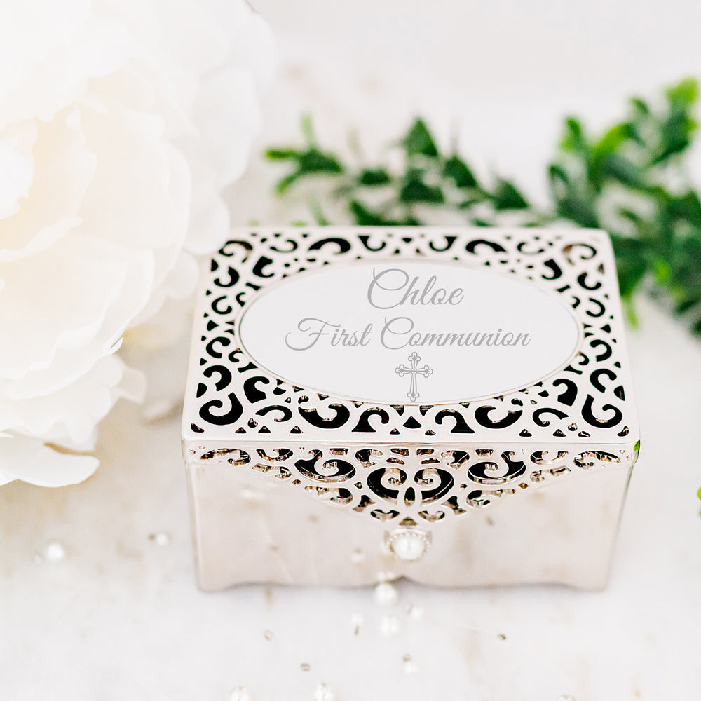 Custom Silver Filigree Rectangle Jewelry Box with Engraving for Girls