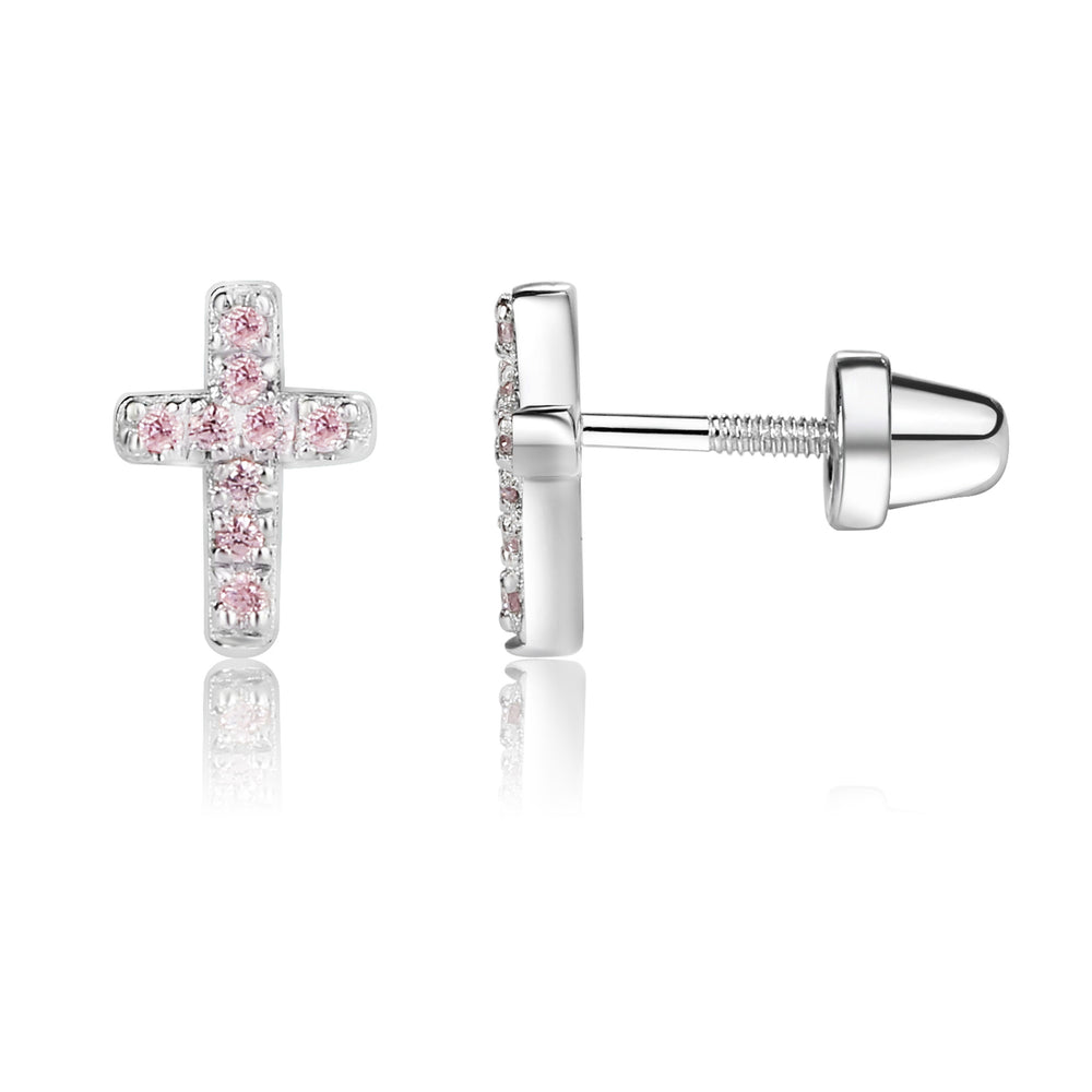 Sterling Silver Cross Earrings with Pink CZs for Baptism or Communion