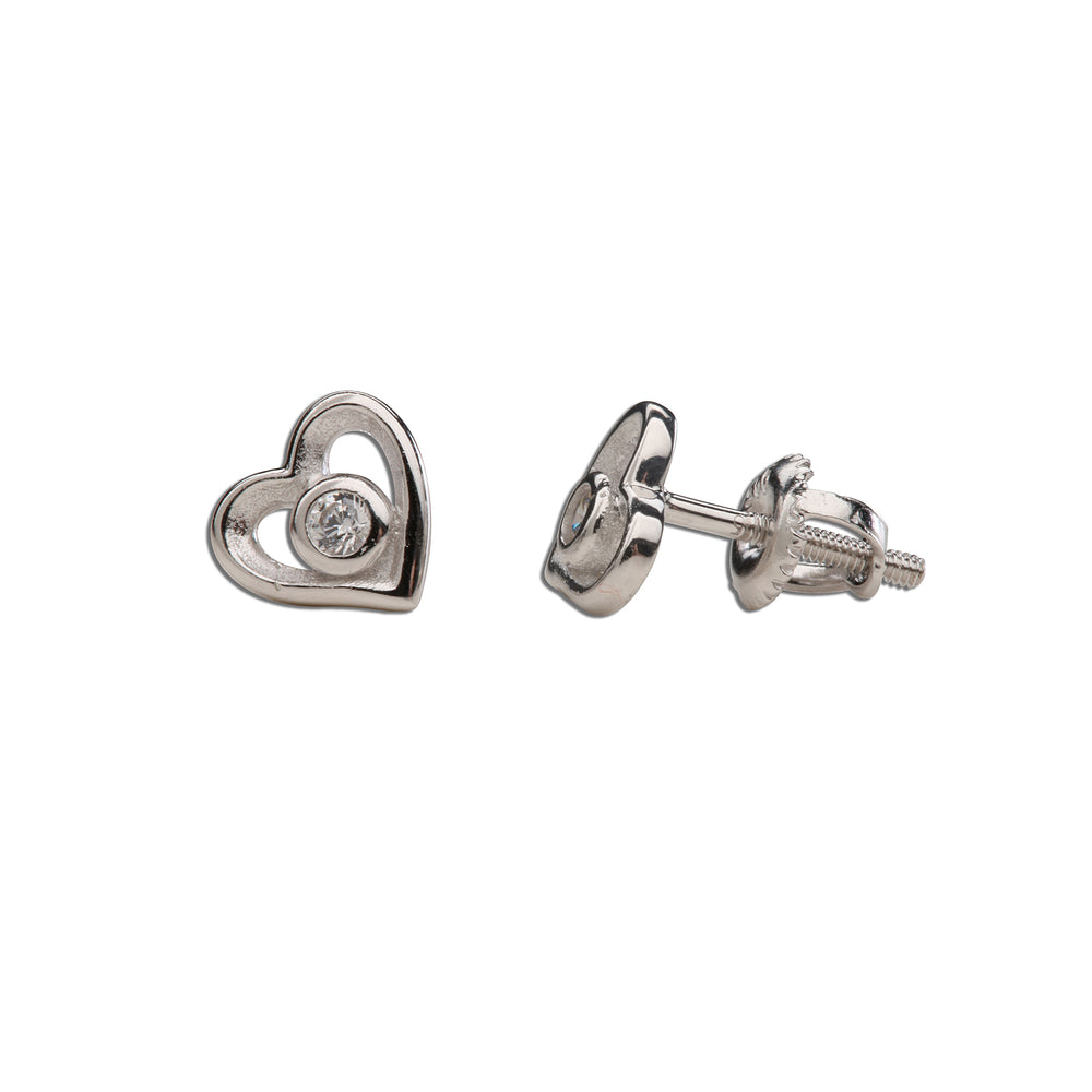 Sterling Silver Kid's Heart Earrings with Clear CZs and Screw Backs