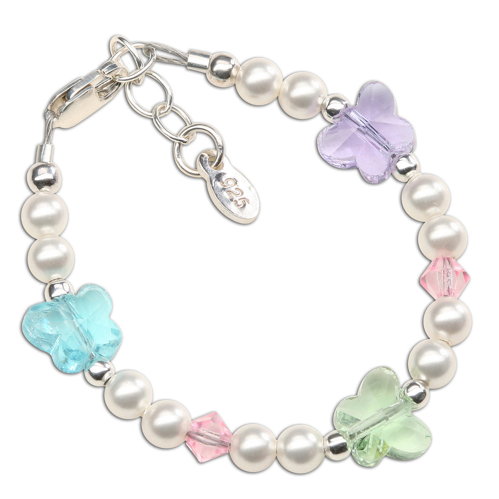 Little Girls Sterling Silver Bracelet with Butterflies and Simulated Pearls for Babies and Kids
