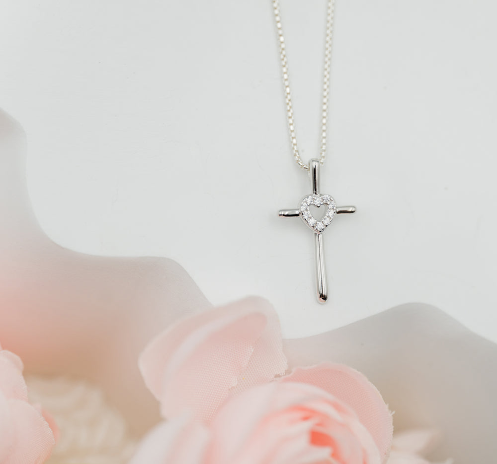 Sterling Silver Children's Cross Necklace with CZ Heart