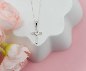 Sterling Silver Children's Cross CZ Necklace with Open Heart