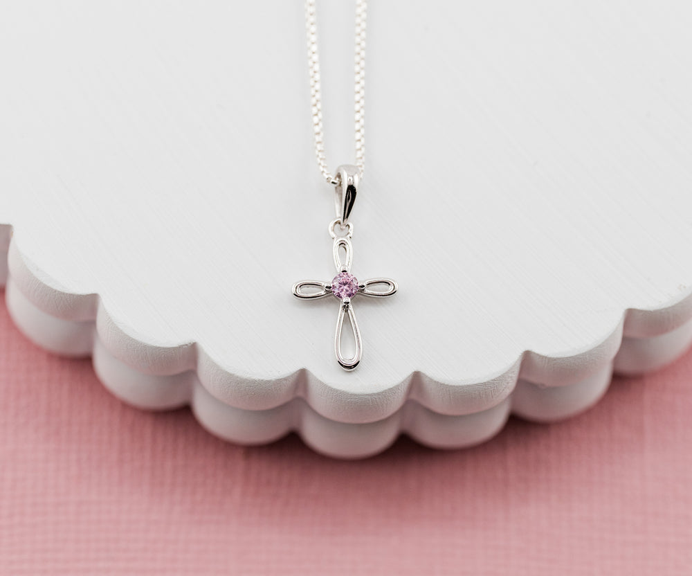 Sterling Silver Children's Pink Infinity Cross Necklace for Kids