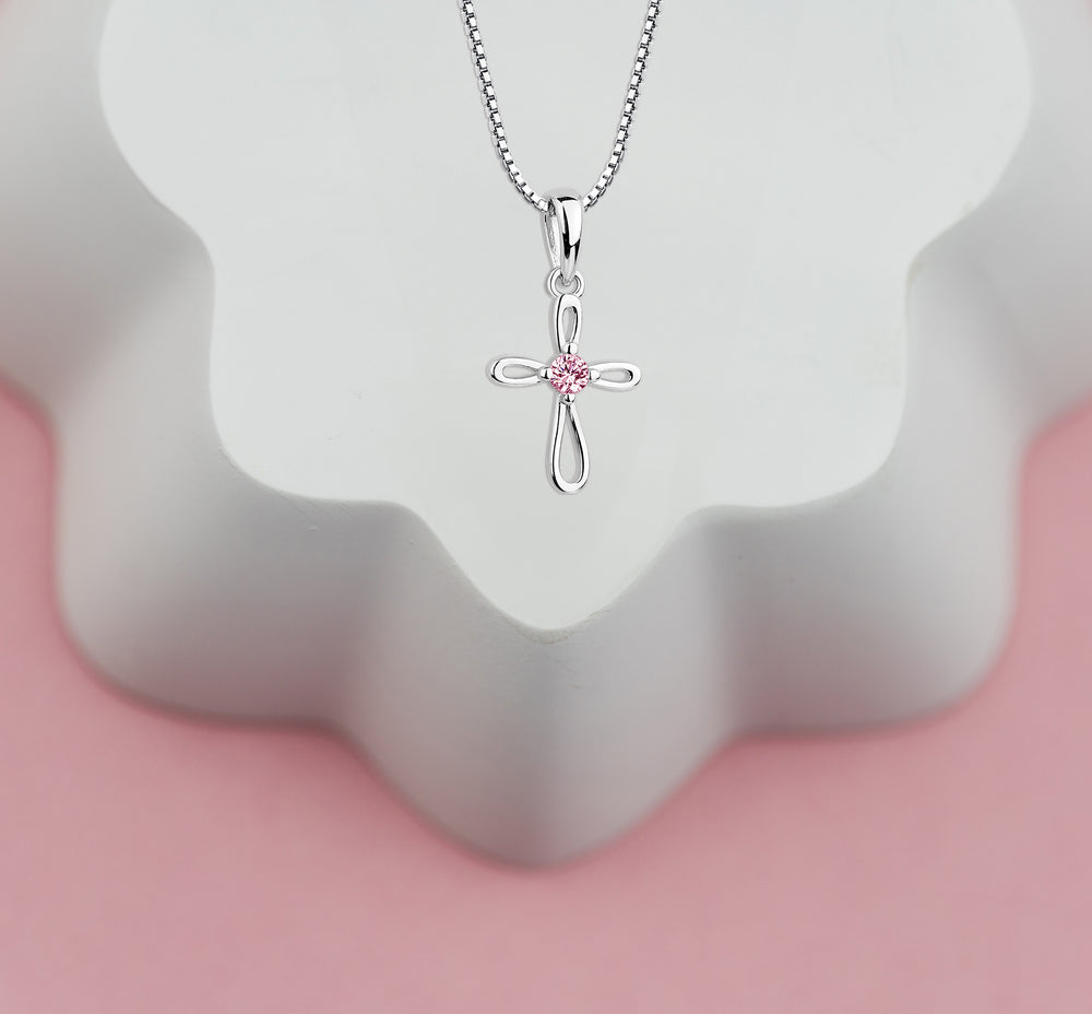 Sterling Silver Children's Pink Infinity Cross Necklace for Kids