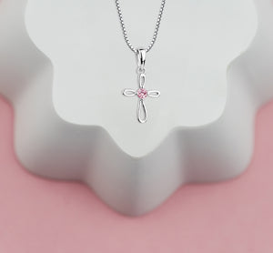 Sterling Silver Children's Pink Infinity Cross Necklace for Kids