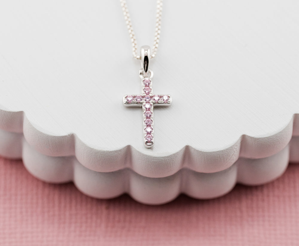 Sterling Silver Child's Pink CZ Cross Necklace