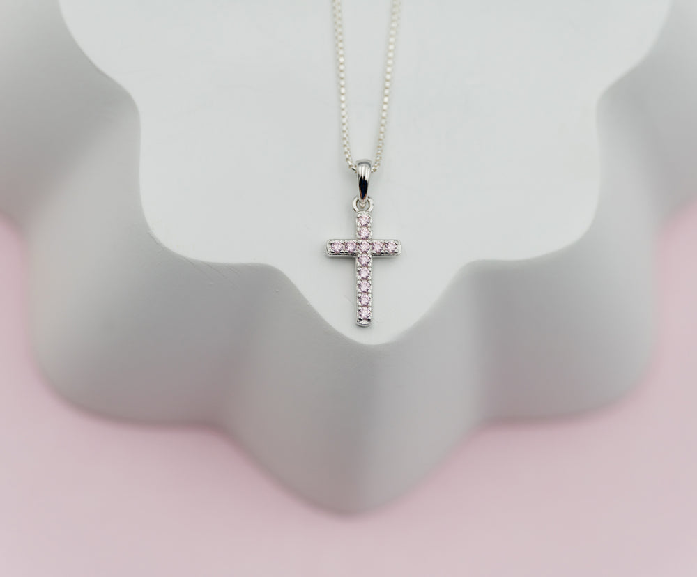 Sterling Silver Child's Pink CZ Cross Necklace