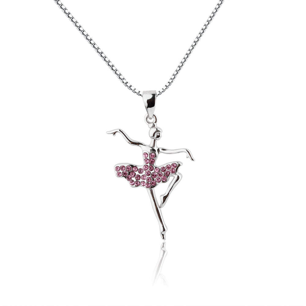 Children's Sterling Silver Ballerina Necklace with Pink Austrian Crystals for Toddlers, Little Girls Dance Team Recital Gift, Ballet Jewelry