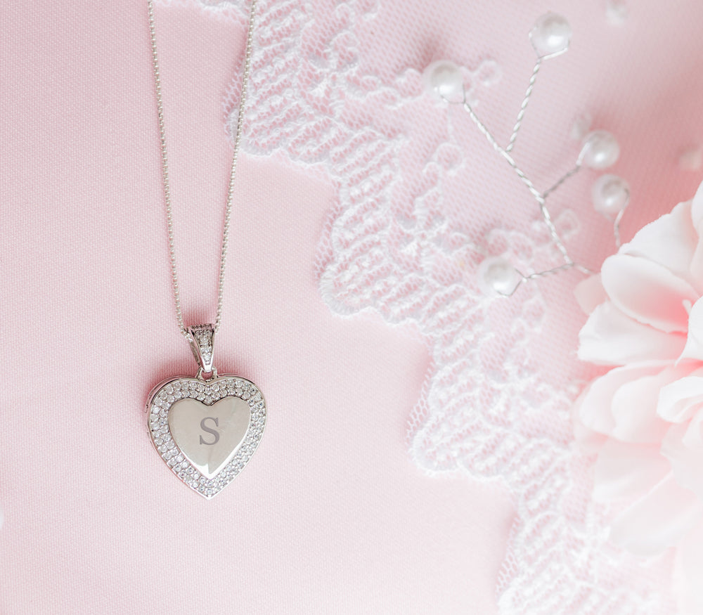 Sterling Silver Children's Personalized Heart Locket with CZ Stones