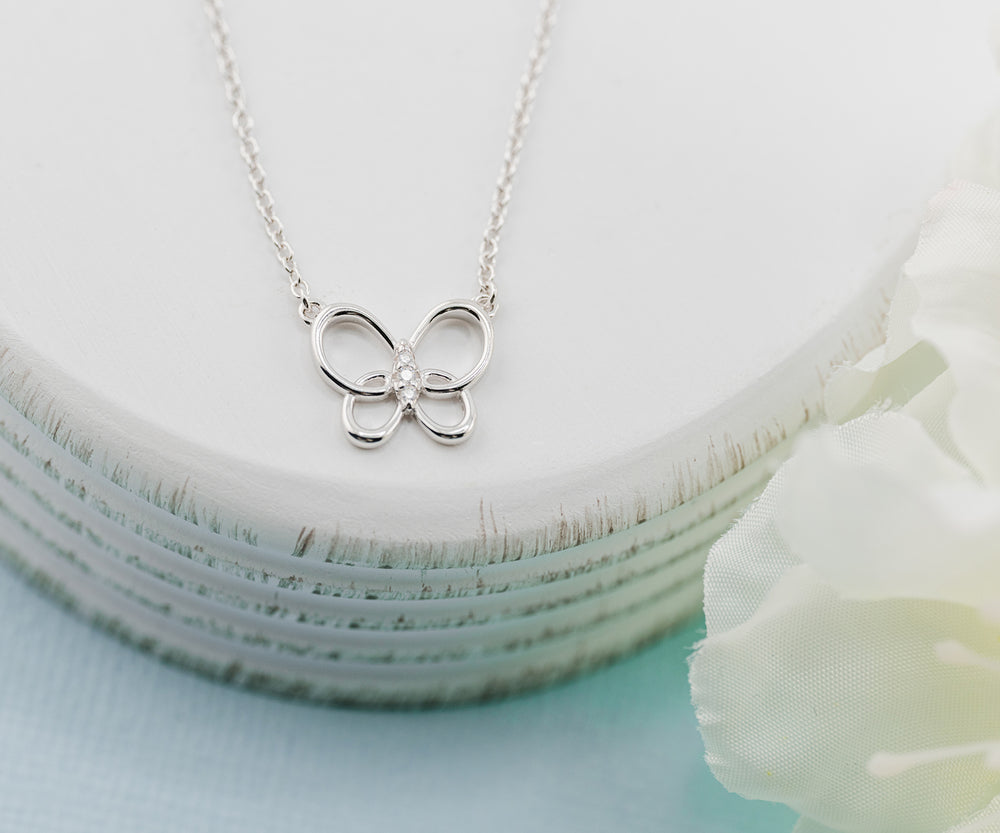 Sterling Silver Butterfly Necklace with CZs for Little Girls or Kids