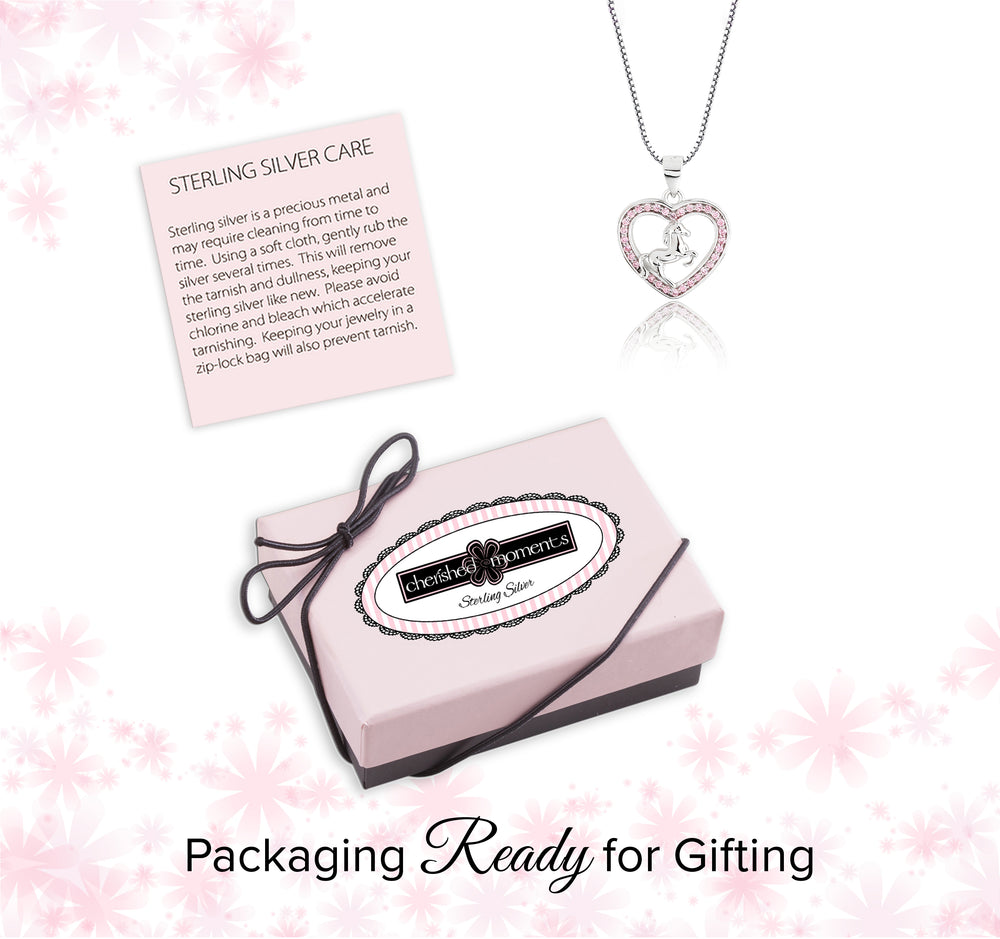 Girls Sterling Silver Pink Horse Necklace with Heart for Kids