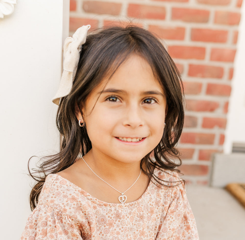 Girls Sterling Silver Pink Horse Necklace with Heart for Kids