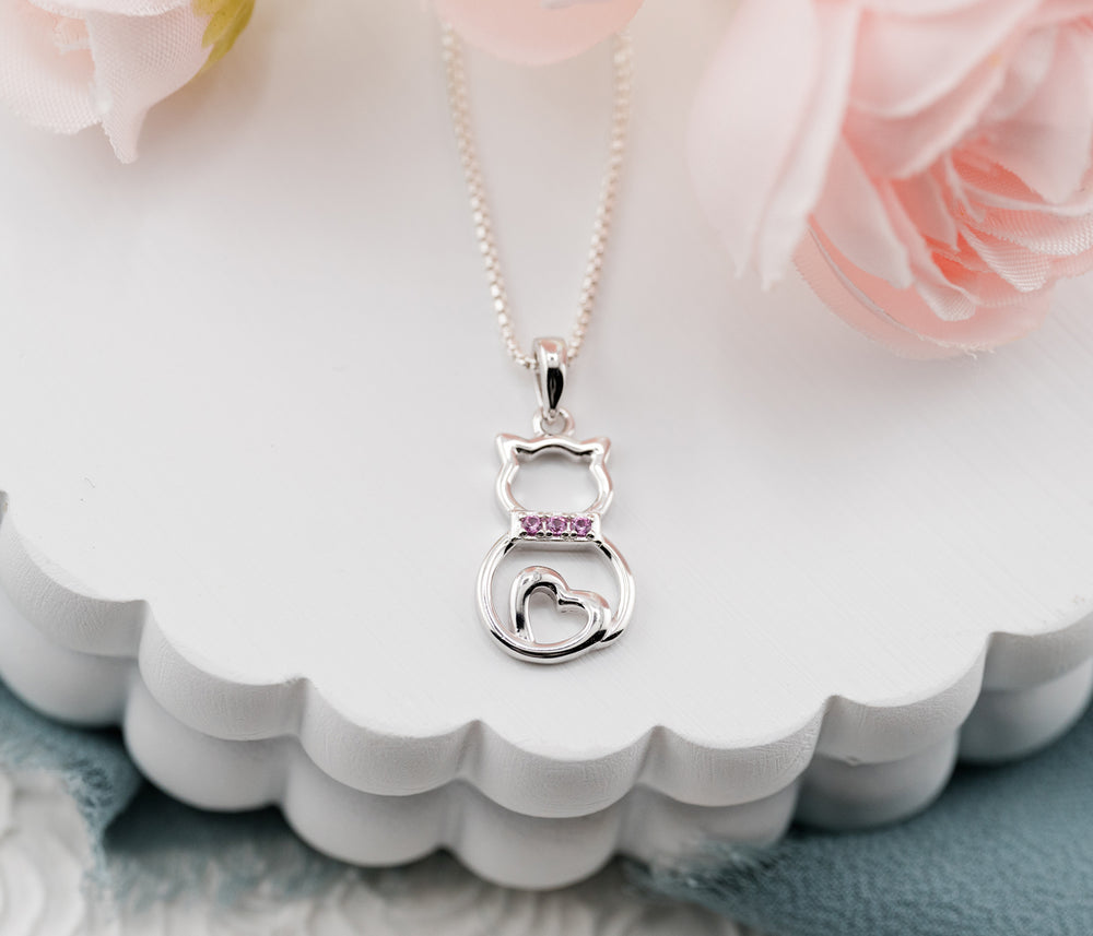 Little Girls Sterling Silver Pink Cat Necklace for Kids