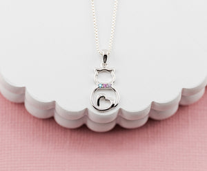 Little Girls Sterling Silver Rainbow Cat Necklace for Kids