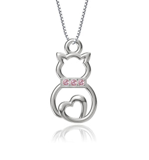 Little Girls Sterling Silver Pink Cat Necklace for Children and