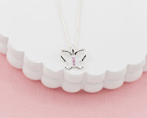 Girls 925 Sterling Silver Butterfly Necklace with Pink Cz's