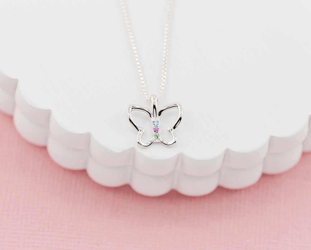 Girls Sterling Silver Butterfly Necklace with Multi-Colored CZ's