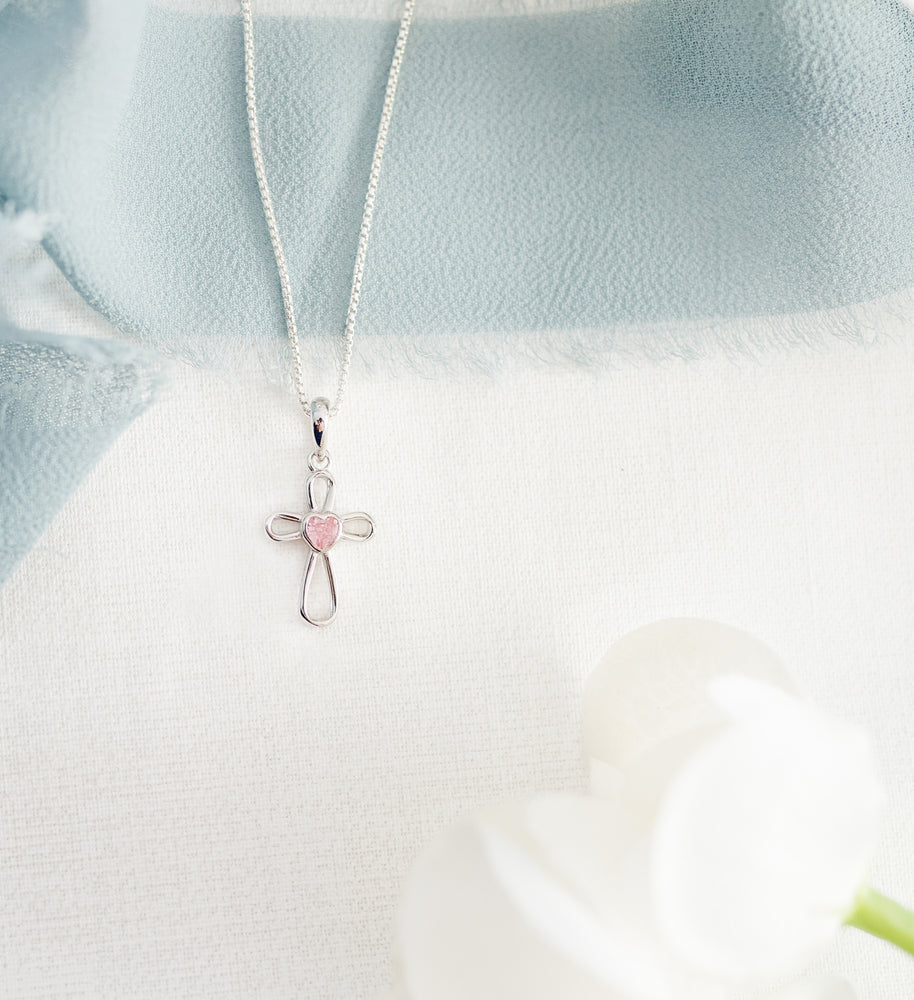 Sterling Silver Infinity Cross Necklace with Pink CZ Heart for Kids