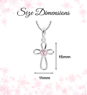 Sterling Silver Infinity Cross Necklace with Pink CZ Heart for Kids