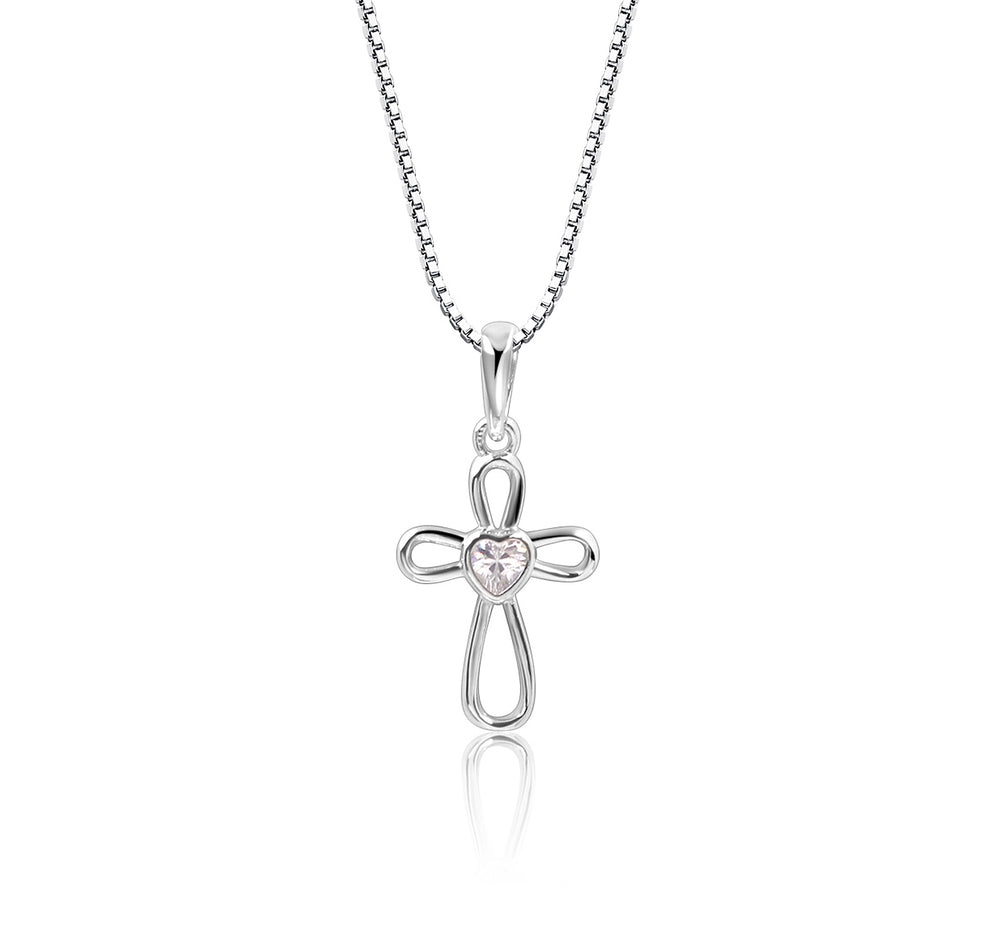 Sterling Silver Infinity Cross Necklace with CZ Heart for Kids