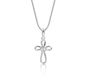 Sterling Silver Infinity Cross Necklace with CZ Heart for Kids