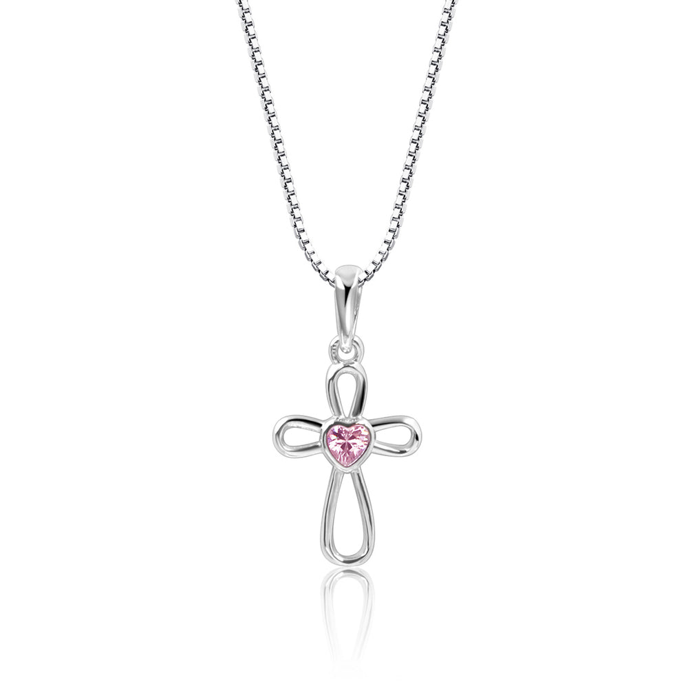 Sterling Silver Infinity Cross Necklace with Pink CZ Heart for Kids