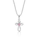 Sterling Silver Infinity Cross Necklace with Pink CZ Heart for Kids