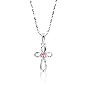 Sterling Silver Infinity Cross Necklace with Pink CZ Heart for Kids