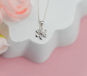 Sterling Silver Daisy Necklace with White Pearl for Girls