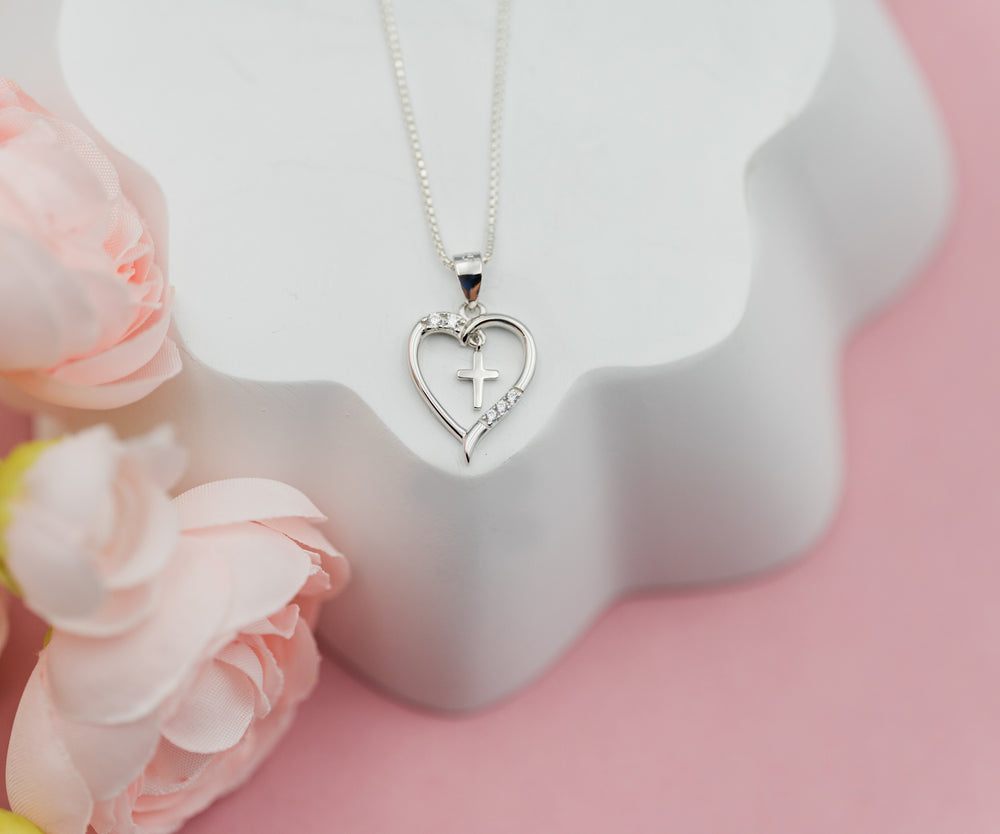 Sterling Silver Children's Dancing Cross Heart Necklace for Communion