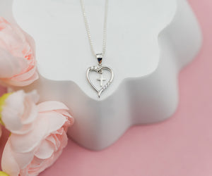 Sterling Silver Children's Dancing Cross Heart Necklace for Communion