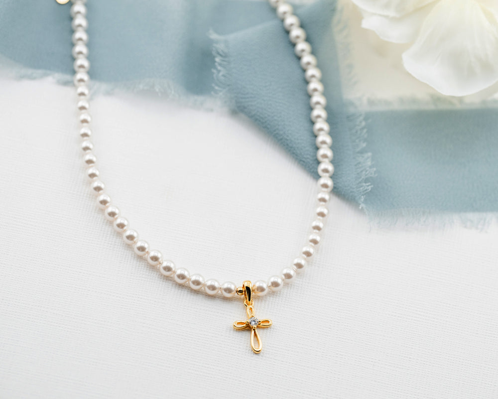 14k Gold Plated Sterling Silver Cross Charm Necklace with Simulated Pearls for Girls