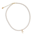 14k Gold Plated Sterling Silver Cross Charm Necklace with Simulated Pearls for Girls