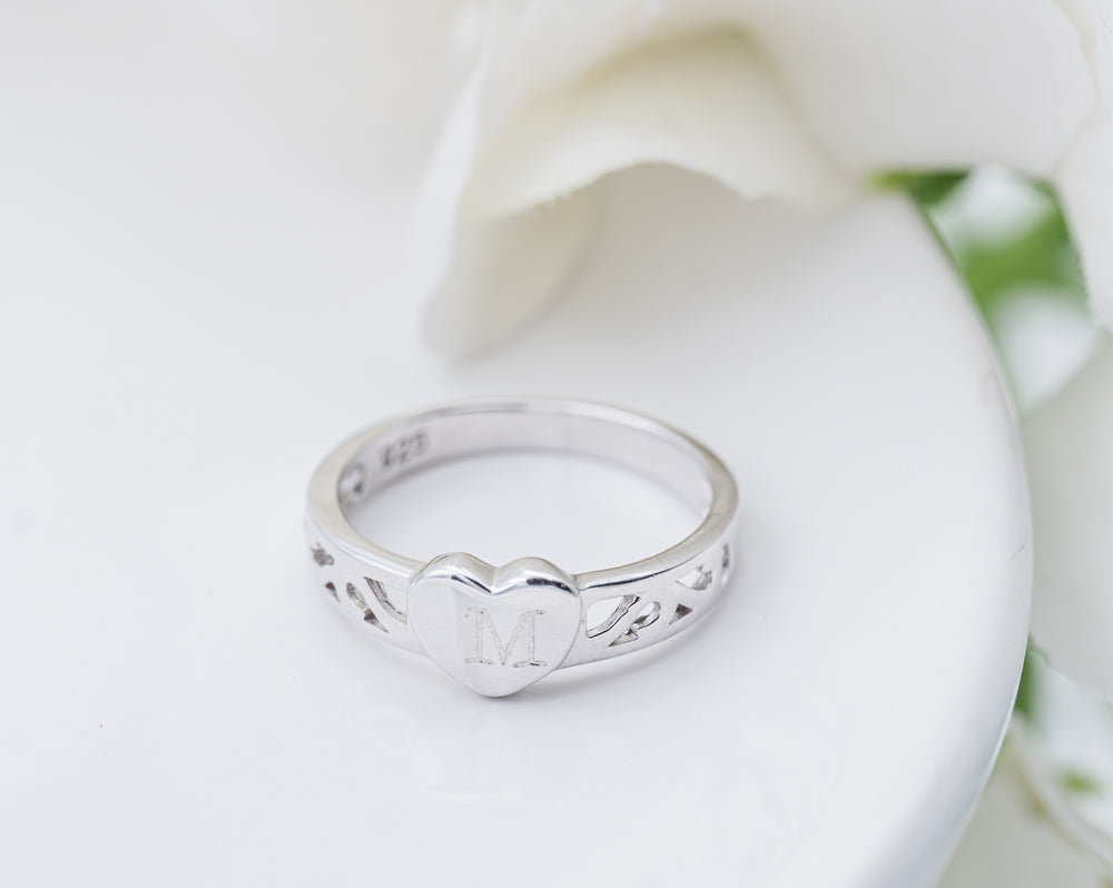 Sterling Silver Personalized Baby Heart Ring - Engraved Initial Heart Ring