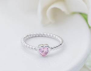 Sterling Silver Rope Ring with Pink CZ Heart for Girls