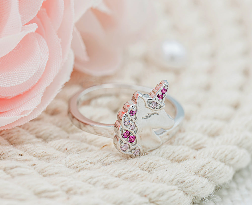 Sterling Silver Kid's Pink Unicorn Ring with CZs