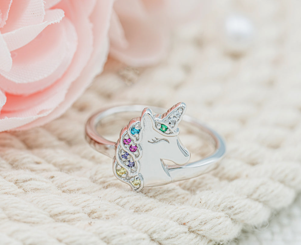 Sterling Silver Toddler Rainbow Unicorn Ring with CZs for Kids