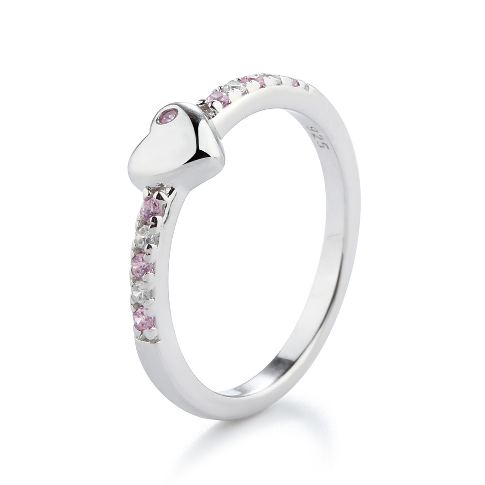 Little Girls Sterling Silver Puff Heart Ring with Pink and Clear CZ's